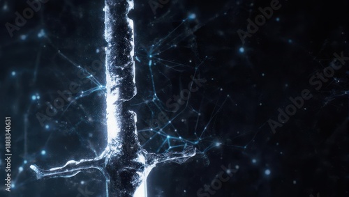 Mystical Glowing Sword in Cosmic Nebula with Starry Background.