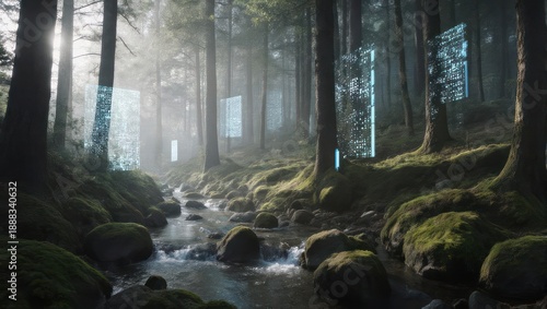 Mystical Forest Stream with Digital Glitches.