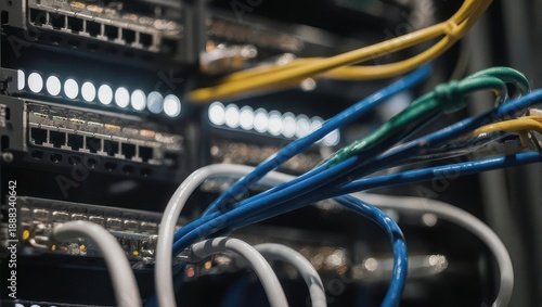 Network Server Room with Colorful Ethernet Cables and Blinking Lights.
