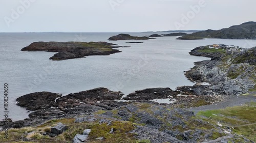 Coast of Fogo island seen from the Fogo Head Hiking Trail with the Barnes Island and the Simms Island in background (Fogo, Newfoundland, Canada)