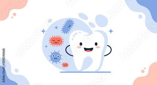 A cartoon tooth character surrounded by microbes and germs in a whimsical illustration style