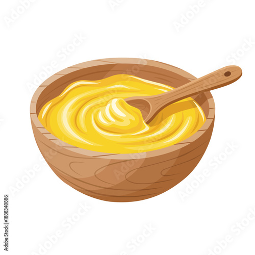 Illustration of Ghee butter in a wooden bowl, isolated on a white background.