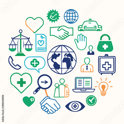 A circular arrangement of icons representing law health and global connections
