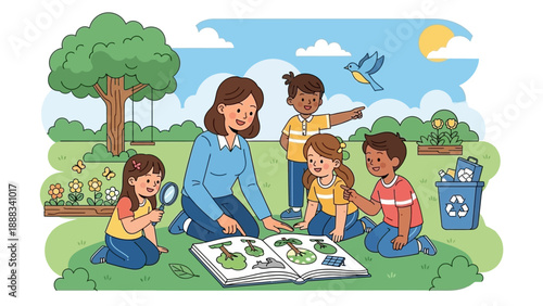 Children and Teacher Reading Book Outdoors.