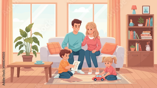 Family Sitting Together on Sofa at Home.