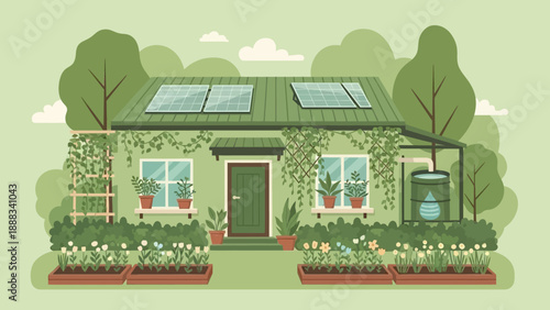 Greenhouse with Solar Panels and Plants.