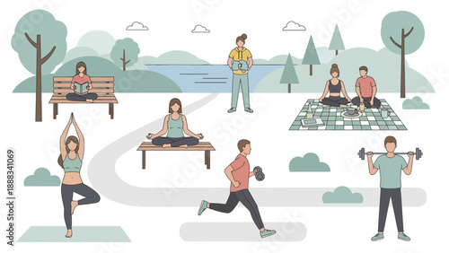 People Exercising Outdoors in Park Setting.