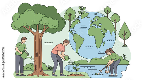 People Planting Trees Around Globe Illustration.