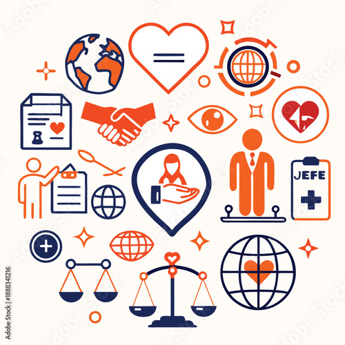Colorful illustration depicting concepts of global unity healthcare and justice
