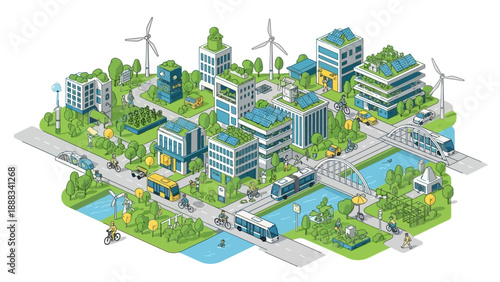 Sustainable City with Green Buildings and Wind Turbines.