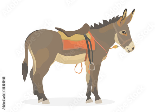 Cute cartoon Donkey with a saddle on the back. Vector hand drawn animal illustration isolated on white background.