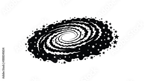 Spiral galaxy illustration with stars a striking black silhouette