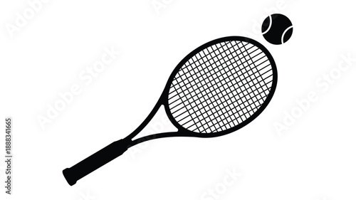 Tennis racket and ball depicted in a striking black silhouette