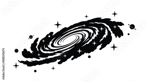 Spiral galaxy with planets and stars a striking black silhouette