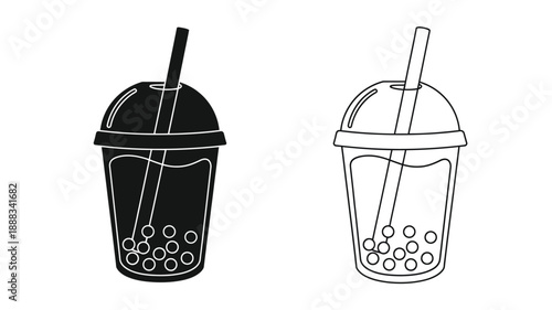 Two bubble tea drinks one filled and one empty in outline silhouette