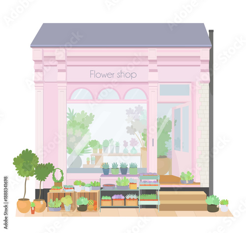 Cartoon flower shop facade with flowers, pot and bouquet. Vector hand drawn magazine illustration isolated on white background.