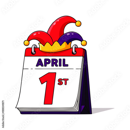 Illustration of a calendar page showing April 1st with colorful jester hats on top, against a white background.