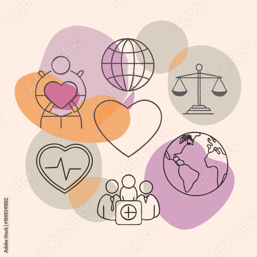 Illustrative design featuring global health justice and humanitarian concepts
