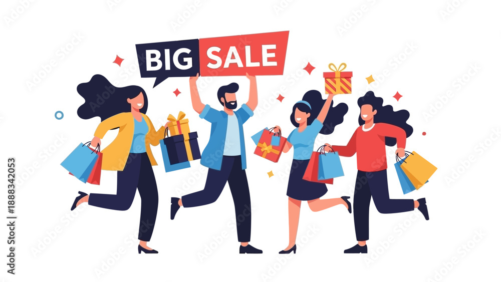 Obraz premium People Running with Shopping Bags and Sale Signs.