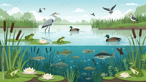 Ducks and Birds in Pond Ecosystem.