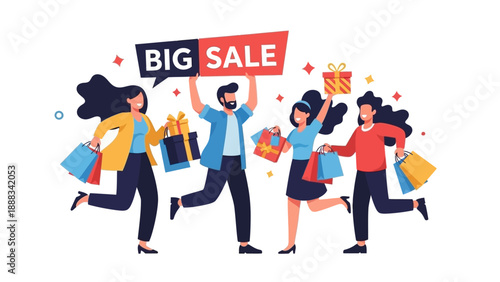 People Running with Shopping Bags and Sale Signs.