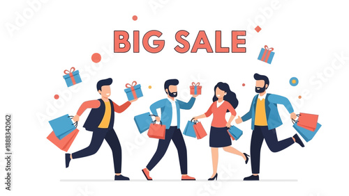 Cartoon People Running with Shopping Bags.