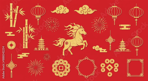 Collection of golden Chinese cultural symbols on red background depicted in a flat design style