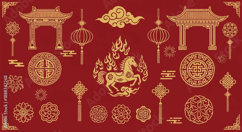 Traditional Chinese cultural symbols and ornaments displayed in an intricate illustration on a red background viewed from directly above