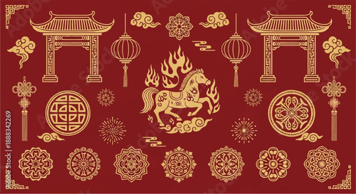 Golden Chinese lanterns and symbols surround a fiery horse illustration in a traditional cultural setting