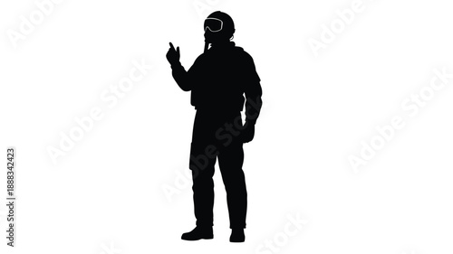 A full body silhouette of a person gesturing with one hand up silhouette