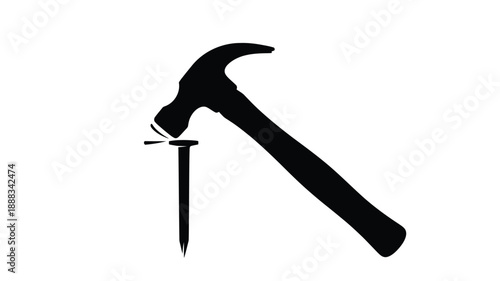 A black silhouette of a hammer striking a nail into wood