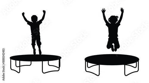 Two children jumping on trampolines a striking black silhouette