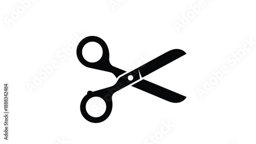 Black scissors depicted in a stark minimalist silhouette