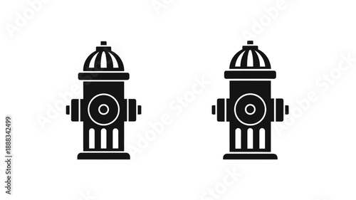 Two black fire hydrants displayed side by side a bold silhouette