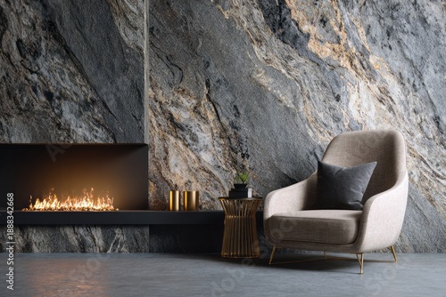Contemporary interior features a modern fireplace beside a comfortable armchair against a dramatic stone wall