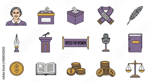 Collection of icons representing women's suffrage, political activism, law, and finance, featuring historical figures, voting symbols, and justice scales.