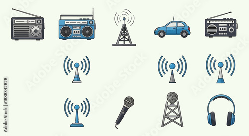 A collection of icons featuring various radio devices, communication towers, a car, a microphone, and headphones, representing broadcasting and sound technology.