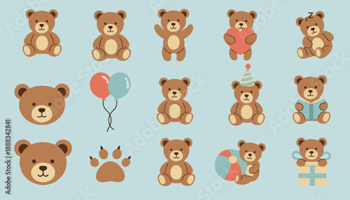 Collection of cute cartoon teddy bears in various poses and situations on a light blue background.