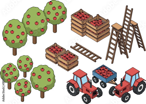 Harvest Time Orchard Scene with Apple Trees, Tractors, and Baskets
