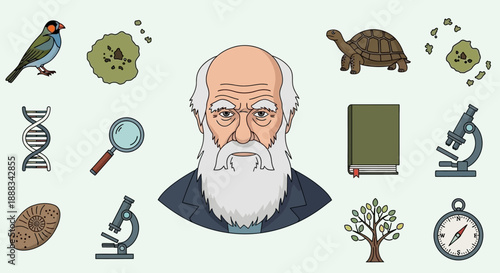 Charles Darwin surrounded by symbols of his scientific work, including animals, plants, and scientific instruments.