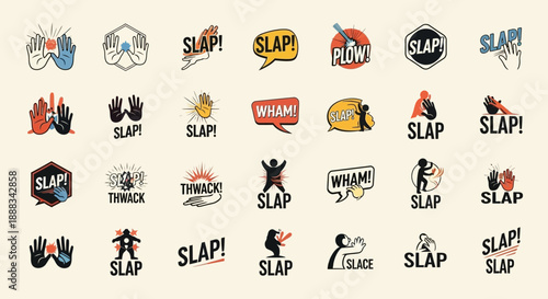 A collection of diverse slap sound effect graphics with various visual styles and onomatopoeic text.
