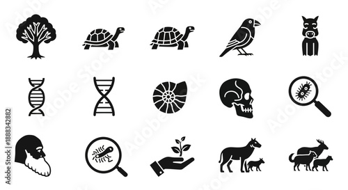 Collection of scientific icons representing evolution, biology, genetics, anthropology, and paleontology with diverse symbols.