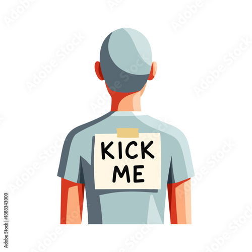 Illustration of a man from behind wearing a t-shirt with a 'KICK ME' sign on it against a plain white background.