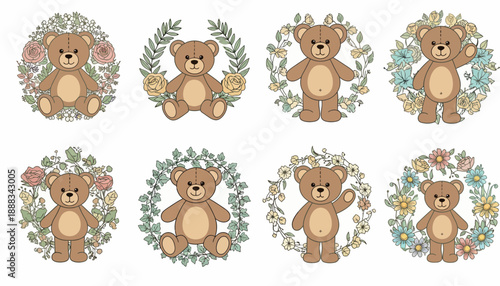 A charming collection of eight circular illustrations featuring adorable teddy bears surrounded by delicate floral wreaths and foliage, perfect for whimsical designs.
