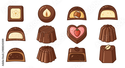 A delightful collection of various chocolate candies with different shapes and fillings, including nuts, cream, and fruit, on a white background.