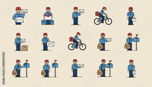 Collection of Flat Design Icons Depicting Mail Carriers Performing Various Delivery Tasks and Interacting with Mailboxes.