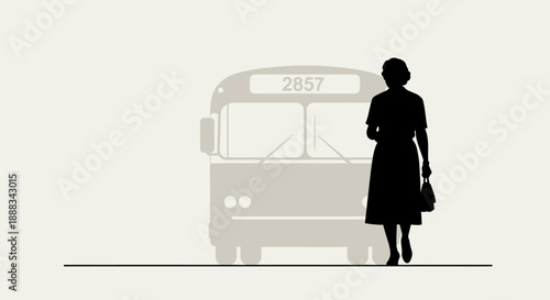 Minimalist graphic illustration of a woman's silhouette walking past a public bus with the number 2857.