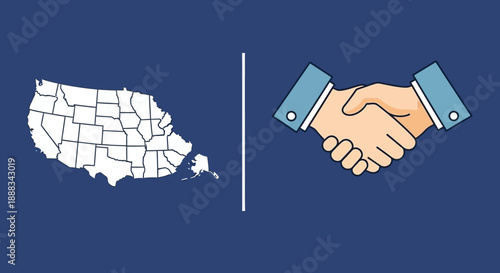 Illustration depicting the map of the United States of America alongside a handshake, symbolizing domestic agreements or partnerships.