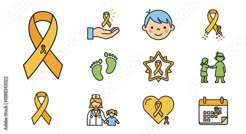 A collection of icons representing childhood cancer awareness, featuring yellow ribbons, children, medical care, and support symbols.