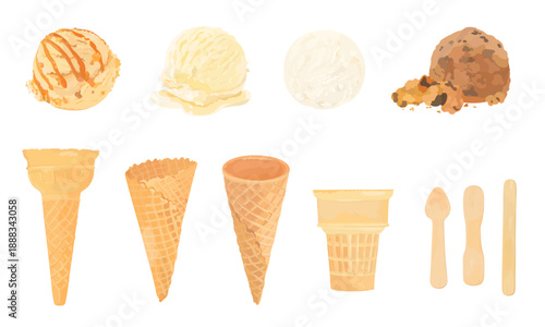 Set of tasty vector hand drawn ice cream scoop with different topping and waffle cone. Cute cartoon ice cream shop illustration set. Summer sweets desserts isolated on white.